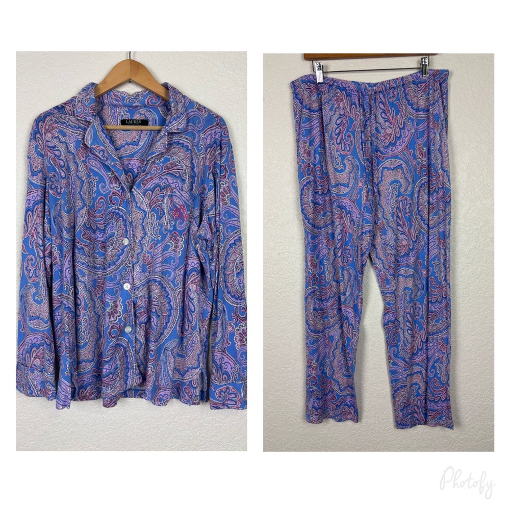 Lauren Ralph Lauren Womens Blue Pink Paisley Pajama Set Cotton‎ Size Large Soft